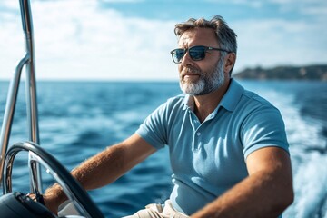 Middle-aged man with a beard, wearing a polo shirt and shorts, steering a motorboat with the sea stretching out behind him 1