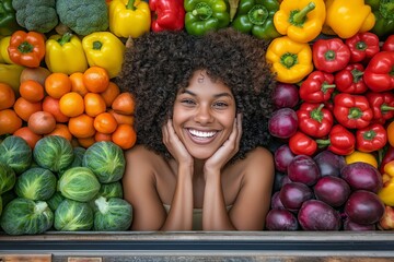 Smiling woman surrounded by fresh vegetables and fruits, highlighting healthy eating and natural produce