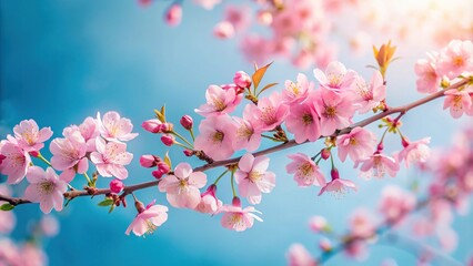 Obraz premium Delicate pink flowers on branch reaching to blue sky
