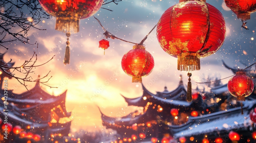 Wall mural festive red lanterns illuminate snowy traditional architecture at sunset