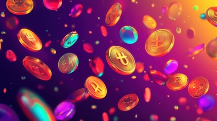 Gold coins and bright neon gemstones float on a purple-to-yellow gradient background