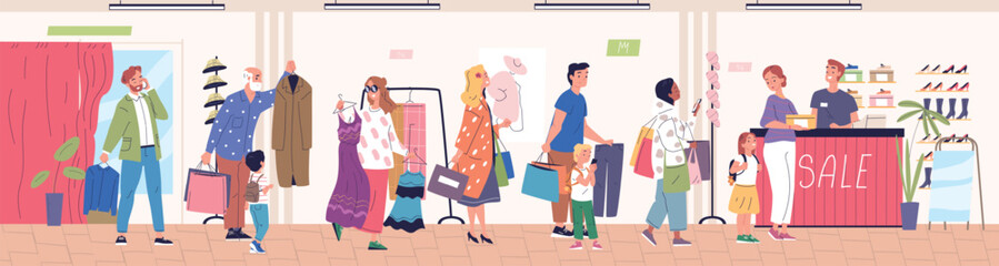 Clothing store queue. Customers standing line at cashier counter in fashion shop american mall, shoppers waiting vendors saleswoman boutique purchase, classy vector illustration