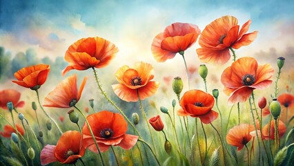 Obraz premium Delicate red poppies in extreme close-up watercolor art