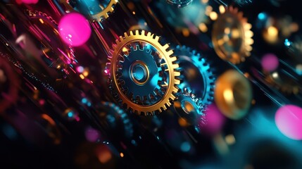 Spinning neon wheels float on a dark background in this vibrant wallpaper