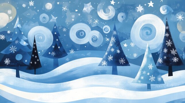Winter wonderland: whimsical snow-covered forest with starry night sky - ideal for holiday decor or seasonal cards