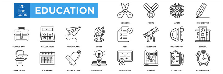 education icon collection set. Containing design scissors, medal, atom, highlighter, school