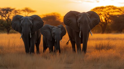 Obraz premium Majestic Elephant Family Strolling on Golden African Savannah at Sunset in Traditional Art Style