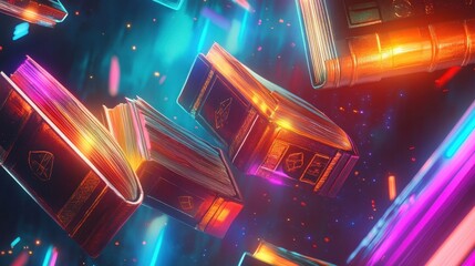 Magical books with neon runes float on a dark-to-blue gradient background wallpaper