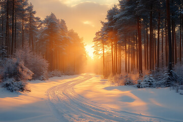 A tranquil forest covered in fresh snow at dawn, with soft morning light illuminating the trees and creating a magical ambiance.


