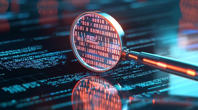 The concept of data analysis with a magnifying glass, digital data search, binary code examination, information technology, security research, virtual data inspection, and digital forensics
