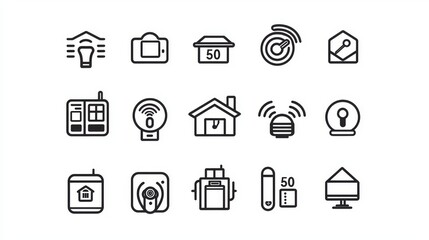 50 smart home outline icons featuring remote control, domestic life, security system, home automation, and wireless technology.