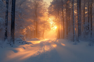 A tranquil forest covered in fresh snow at dawn, with soft morning light illuminating the trees and creating a magical ambiance.

