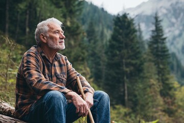 Elderly man with gray hair, wearing a flannel shirt and jeans, sitting on a log in a forested mountain area with a walking stick 1