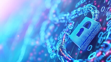 A digital lock for computer system on a dark blue background, a cyber security technology for preventing fraud and protecting privacy."