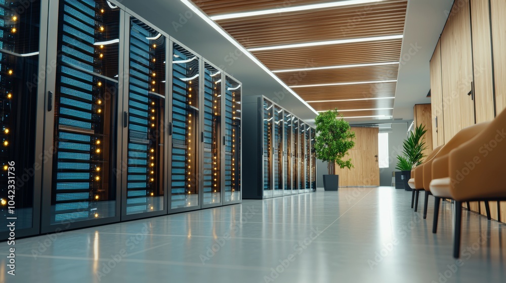Poster in this image, a row of rack servers is viewed with led lights blinking and computers are working.