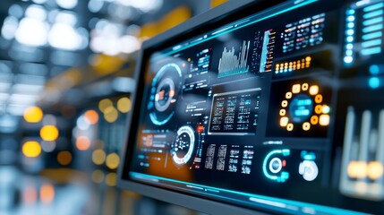 Naklejka premium A smart factory control room, highlighting the use of big data in industrial management. A realistic photo,