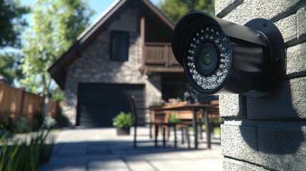 Security camera mounted on a wall outside a home. Concept of technology, smart home, and surveillance.
