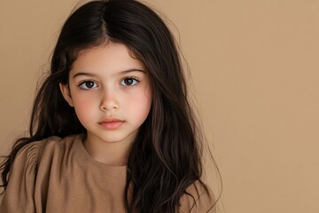 Arab child girl with long dark hair and olive skin, posing on a beige background 6