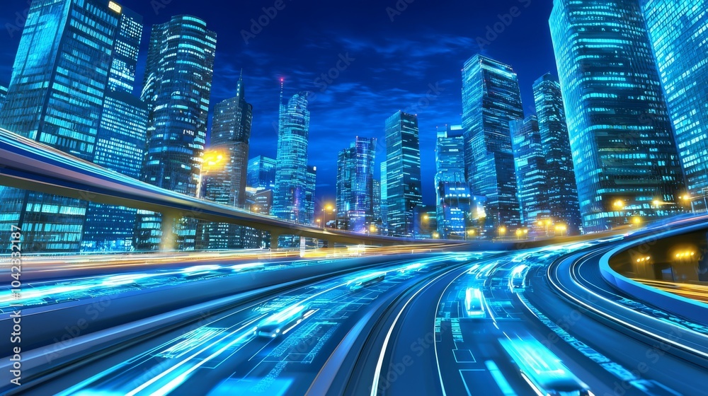 Poster holographic displays of data analytics displayed in a high-tech office district, photorealistic, emp
