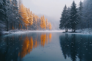 A frozen lake with a layer of ice, surrounded by snow-covered trees, and soft winter light reflecting off the icy surface, creating a serene and peaceful winter scene.
