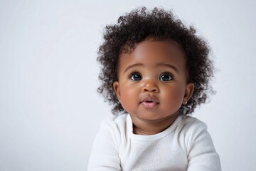 Naklejka premium African baby girl with curly hair and dark skin, sitting on a white background 1