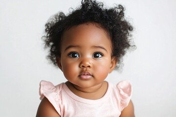 Naklejka premium African baby girl with curly hair and dark skin, sitting on a white background 4