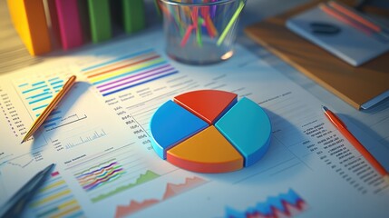Colorful Pie Chart and Business Graphs on Desk