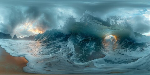An immersive 360-degree panorama of a rugged coastline, battered by crashing waves and sculpted by the relentless forces