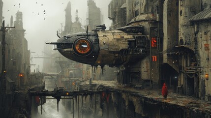 Futuristic Cityscape with Flying Vehicle