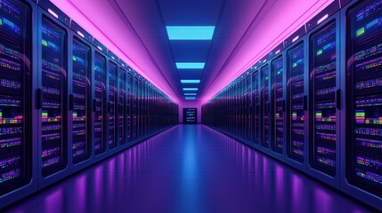 Vibrant data center corridor illuminated by neon lights, showcasing rows of server racks in a modern IT environment.