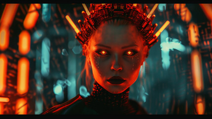 Futuristic female cyborg with glowing orange eyes and a neural crown in a neon-lit sci-fi environment