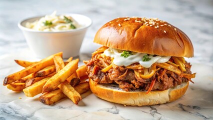 Delicious BBQ pulled pork sandwich and fries with aioli on white marble background