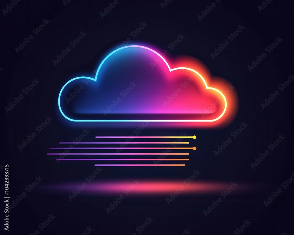 Fototapete A vibrant neon cloud icon with colorful outlines and light trails on a dark background, Cloud technology and data storage concepts.