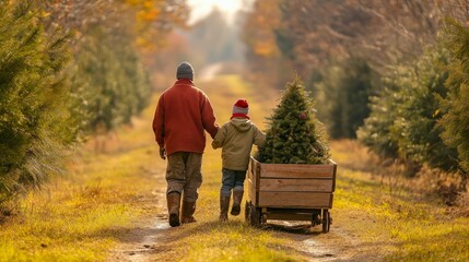Dad and son choose a Christmas tree on the farm, two Christmas trees - big and small, wooden carts with trees, a merry Christmas Eve weekend. Christmas tree farm, family weekend.