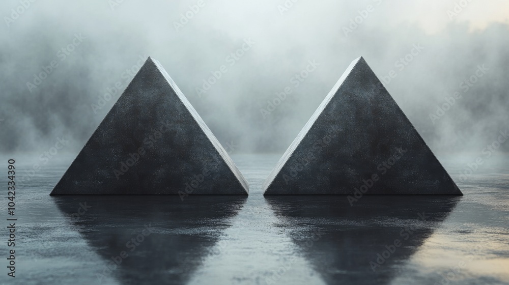 Leinwandbilder two large, dark pyramids stand side by side amidst swirling fog at twilight, their reflections clear