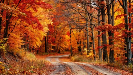 Fototapeta premium A dirt road winding through a forest of vibrant autumn trees, showcasing the beauty of fall foliage