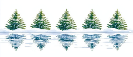 Fototapeta premium A serene winter scene featuring a row of green pine trees reflected in snow-covered water.