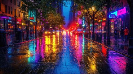 Obraz premium Vibrant Rainy Night in Urban Cityscape