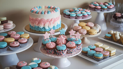 Colorful dessert table featuring a tiered cake and an array of cupcakes, macarons, and treats in pastel pink and blue.