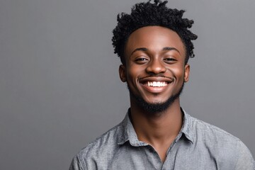 Obraz premium Young African man with short curly hair, wearing a casual shirt, smiling confidently on a grey background 3