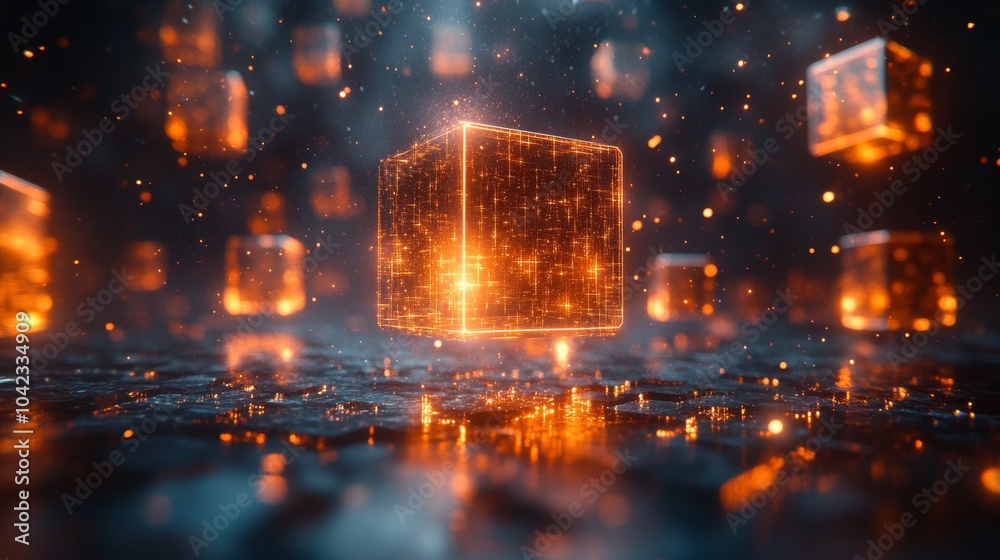 Poster Floating cubes emit a warm glow, surrounded by a mystical background filled with soft light reflections, creating a digital atmosphere.