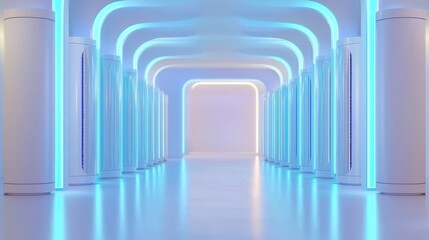 Data center with computers and lights that is high-tech and bright.