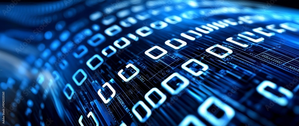 Poster streaming binary code data in a wavy field. neural network, points and numbers 3d illustration.