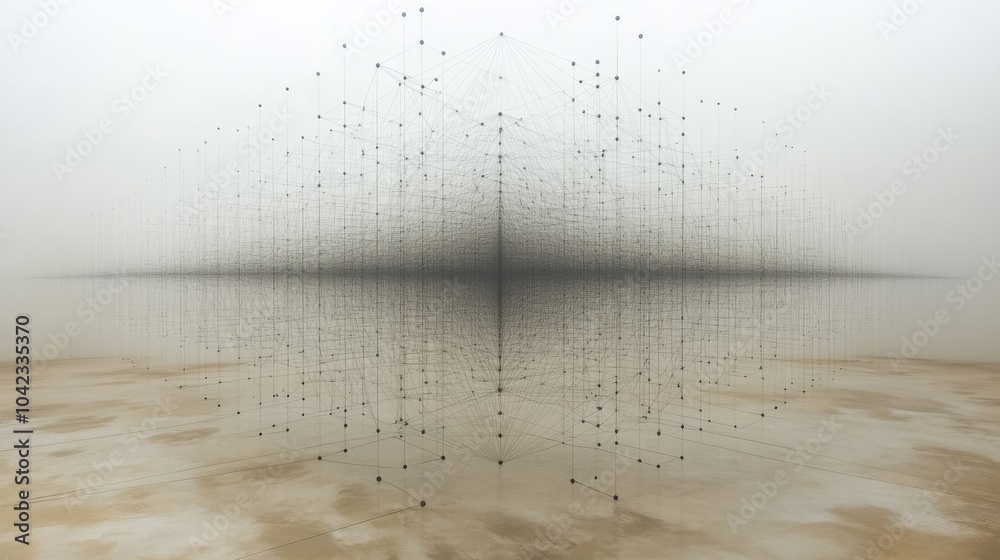 Leinwandbilder An intriguing abstract installation rises from a foggy backdrop, blending lines and shapes with the muted scenery, evoking tranquility and contemplation.