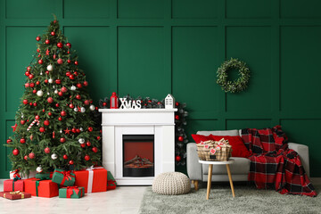 Interior of living room with fireplace, Christmas tree and Advent calendar