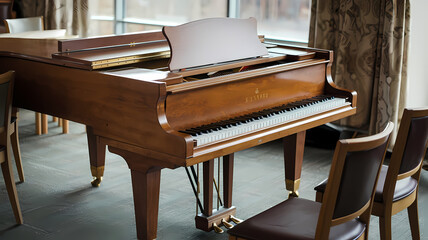 Elegant wooden grand piano in a cozy room with chairs, featuring natural light streaming through large windows.