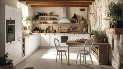 White furniture, a table and two chairs, and wood accents on the walls, ceiling, and backsplash characterize this chic and contemporary kitchen.