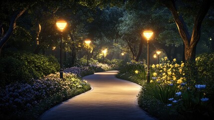 Obraz premium Serene Night Walk in a Flower Garden Pathway