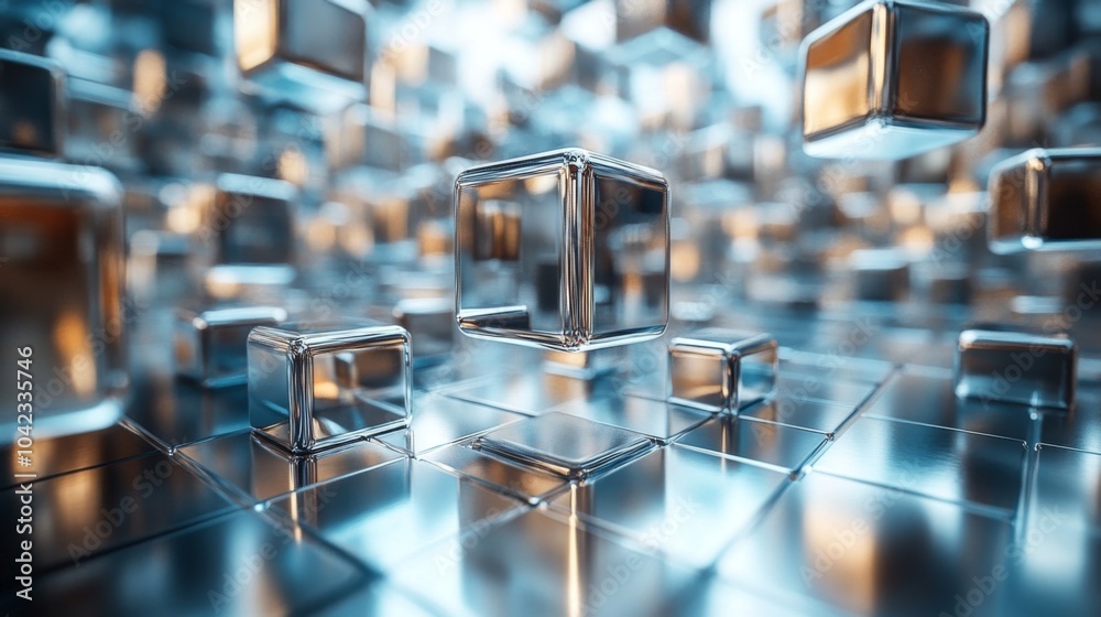 Poster Floating glass cubes create a mesmerizing visual effect in a reflective environment, showcasing a blend of light and shadow with a modern aesthetic.