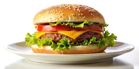Delicious burger on plate with white background and forced perspective